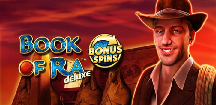 Book of Ra Deluxe Bonus Spins Logo vor ägyptischem Hintergrund